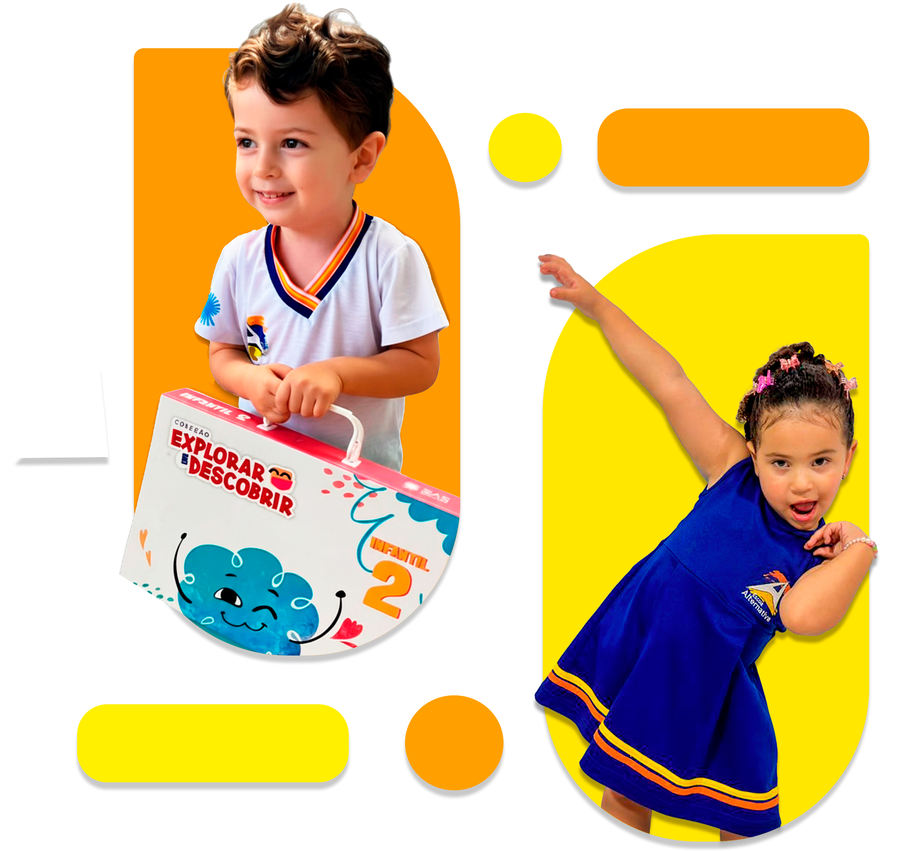 Crianças felizes da Escola Alternativa com material didático